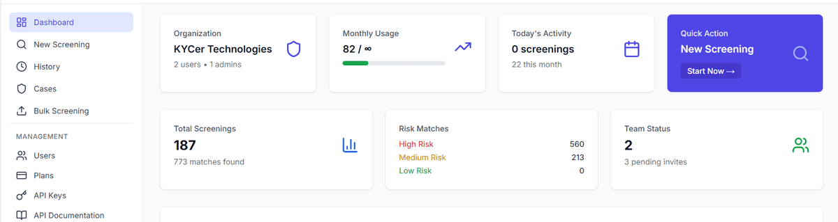 KYCer screening dashboard